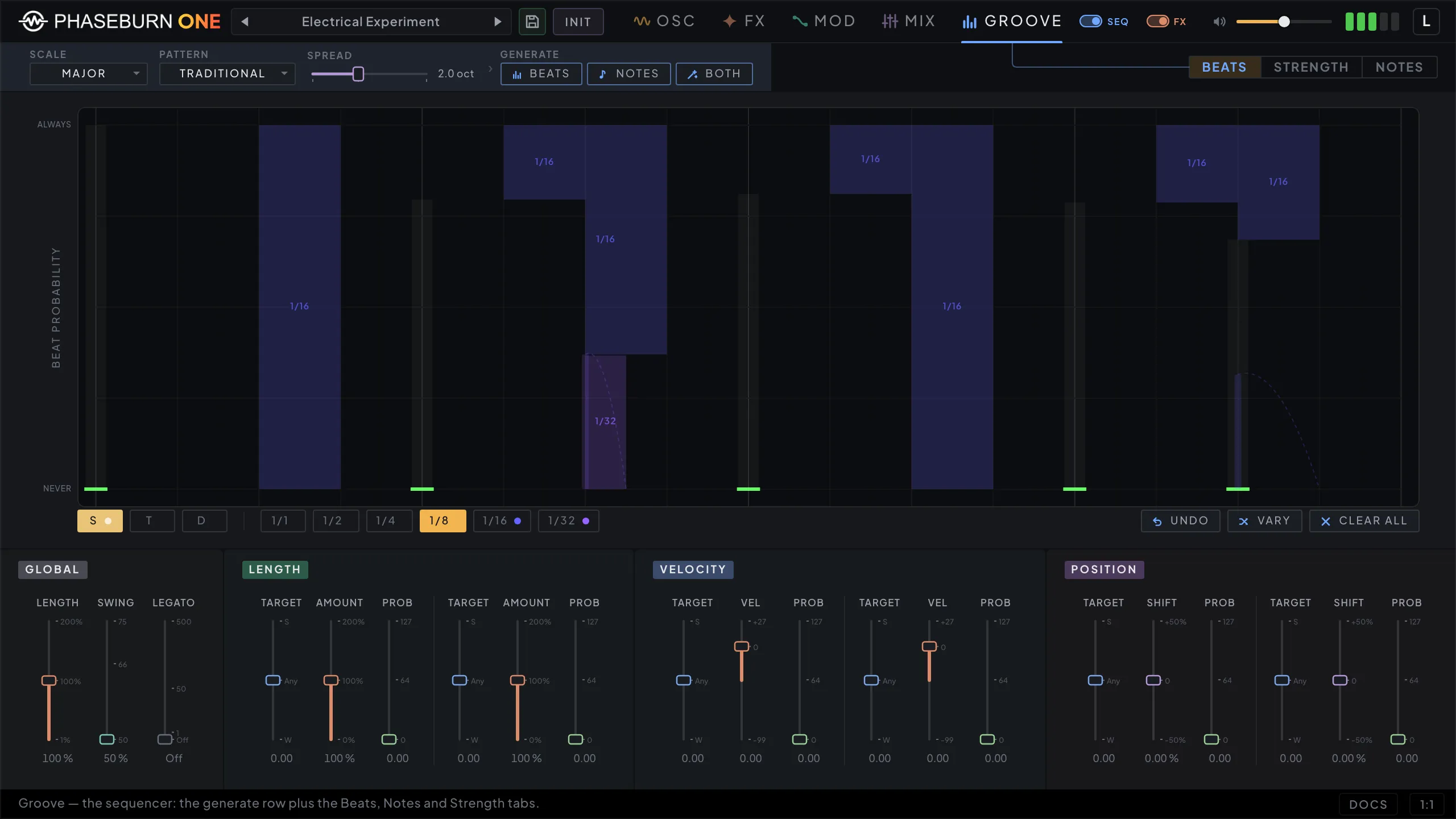 Phaseburn One Groove page, Beats tab: per-slot probability bars with swing, length, velocity and position groove tools