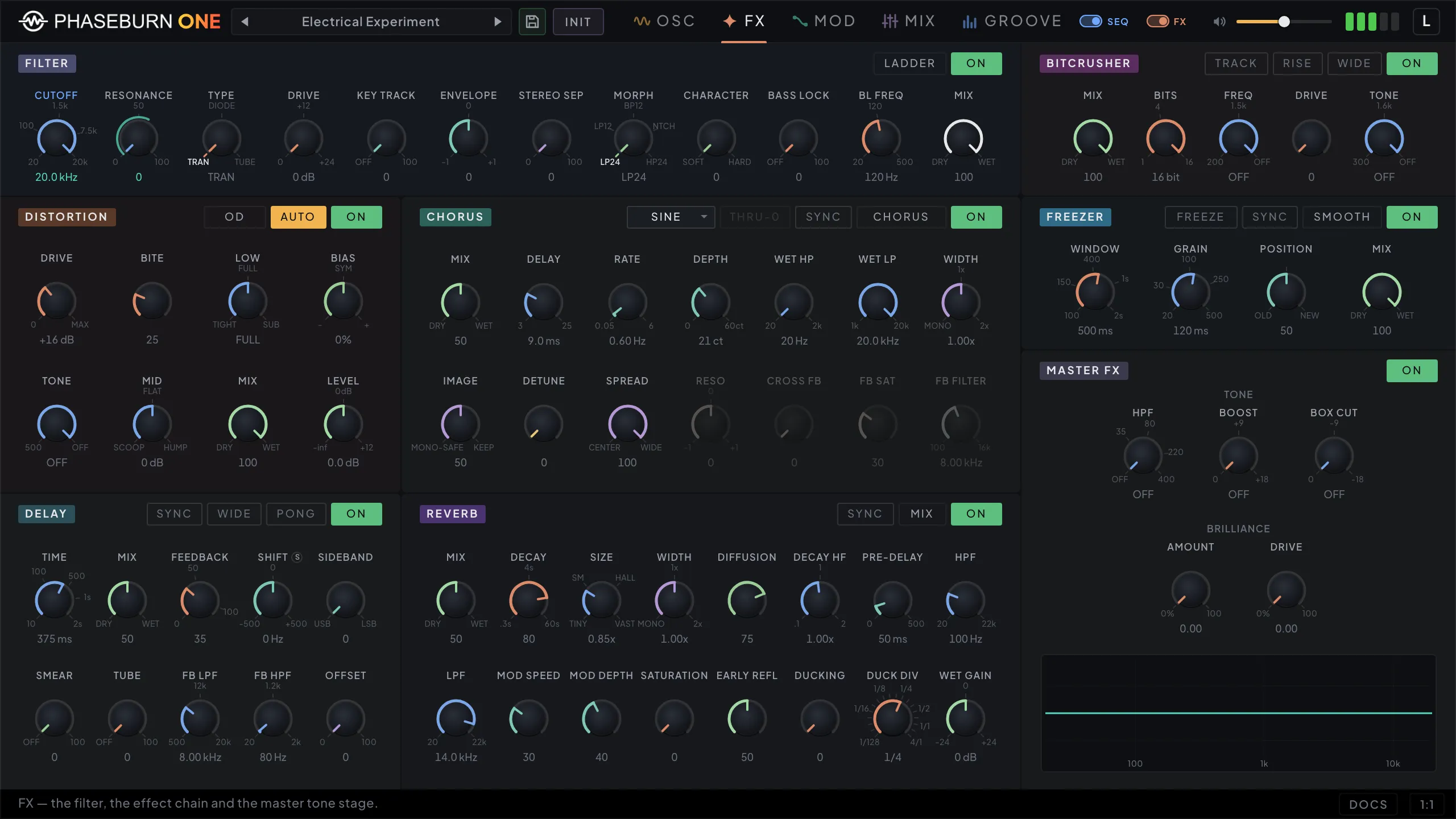 Phaseburn One FX page: filter, chorus, delay, reverb, distortion, bitcrusher and granular freezer sections