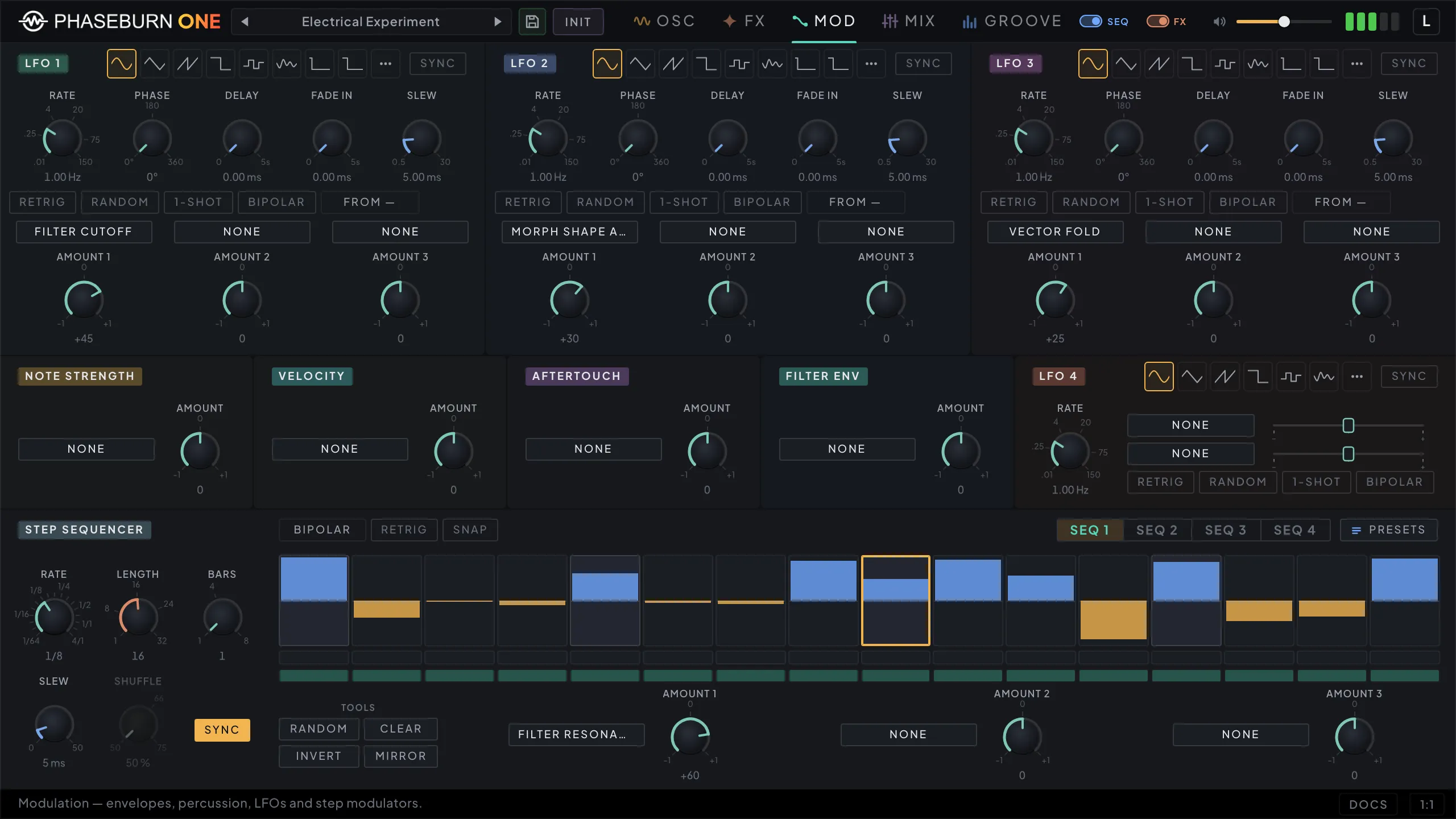 Phaseburn One modulation page: three routable LFOs, note strength, velocity and aftertouch modules, and a bipolar step sequencer