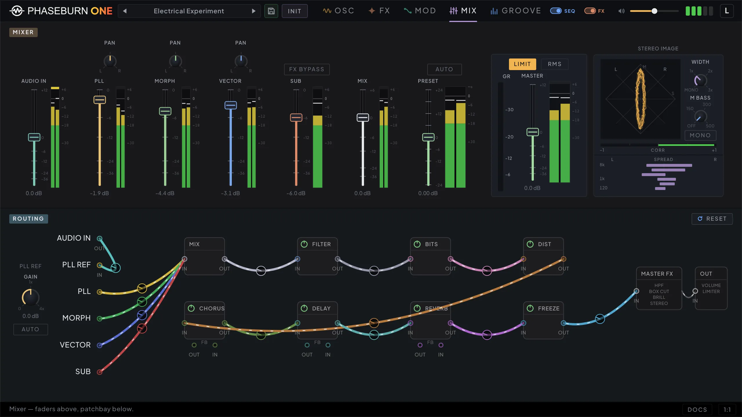 Phaseburn One mixer page: per-module channel faders, a goniometer stereo-image scope, and a routing patchbay where modules are connected by patch cables