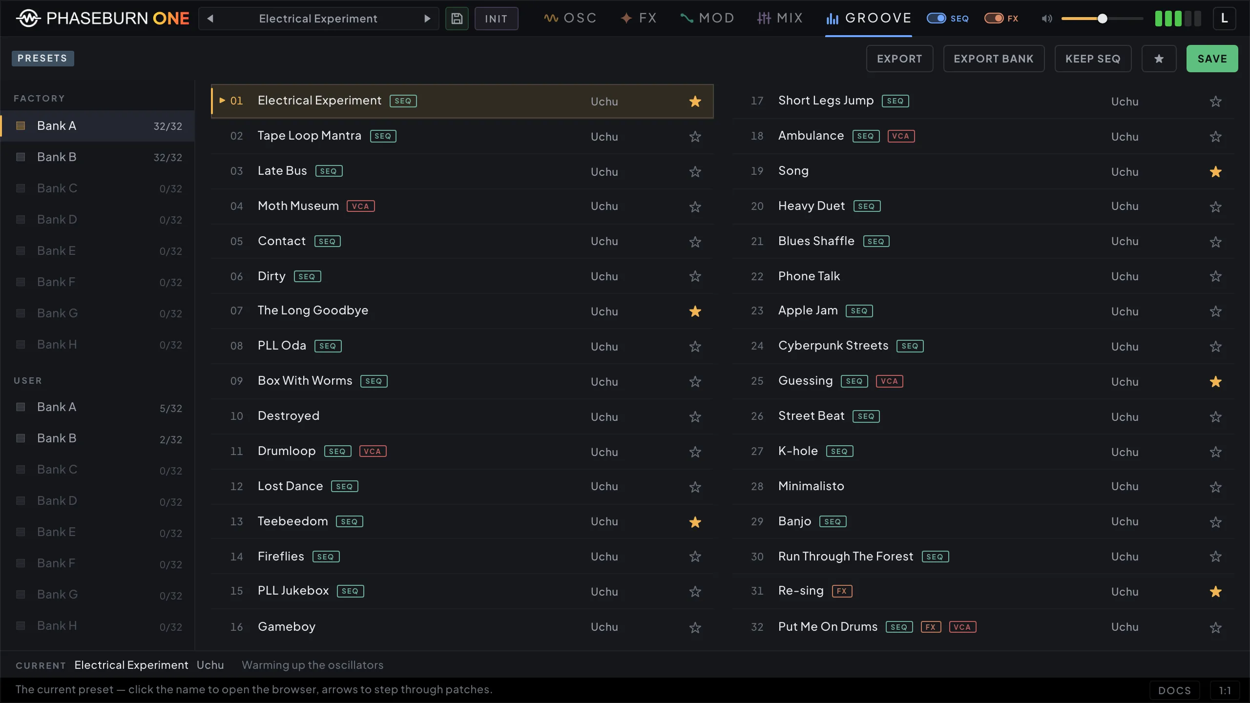 Phaseburn One preset browser: factory and user banks with favorites and sequence tags