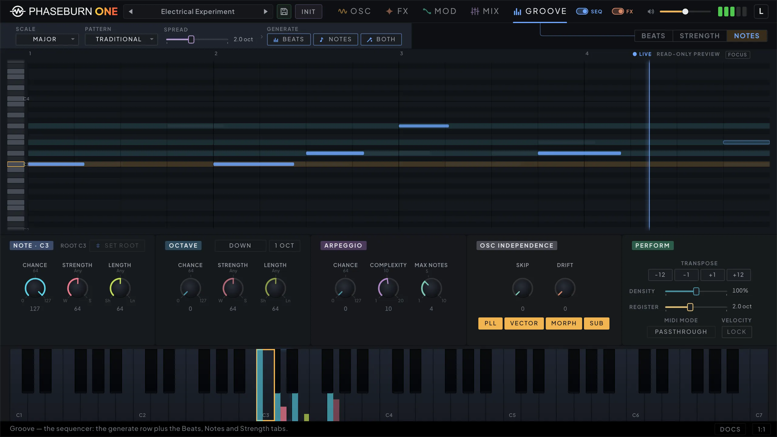 Phaseburn One Groove page, Notes tab: live bar preview above a keyboard note pool with chance, strength and length controls