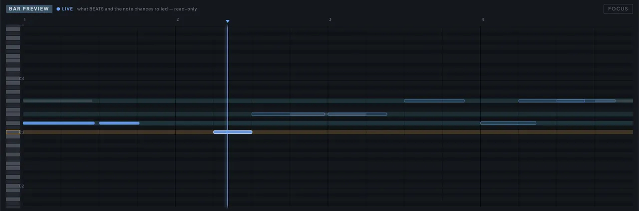 The bar preview showing the rolled bar with drifted notes marked