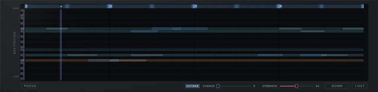 The bar preview showing the rolled bar with drifted notes marked