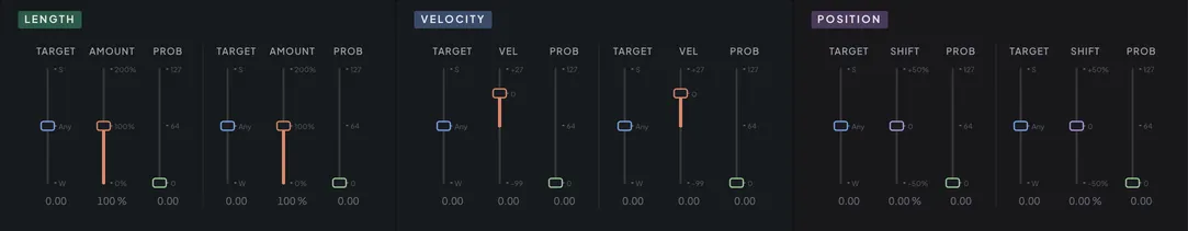 The LENGTH, VELOCITY and POSITION modules beneath the beat grid