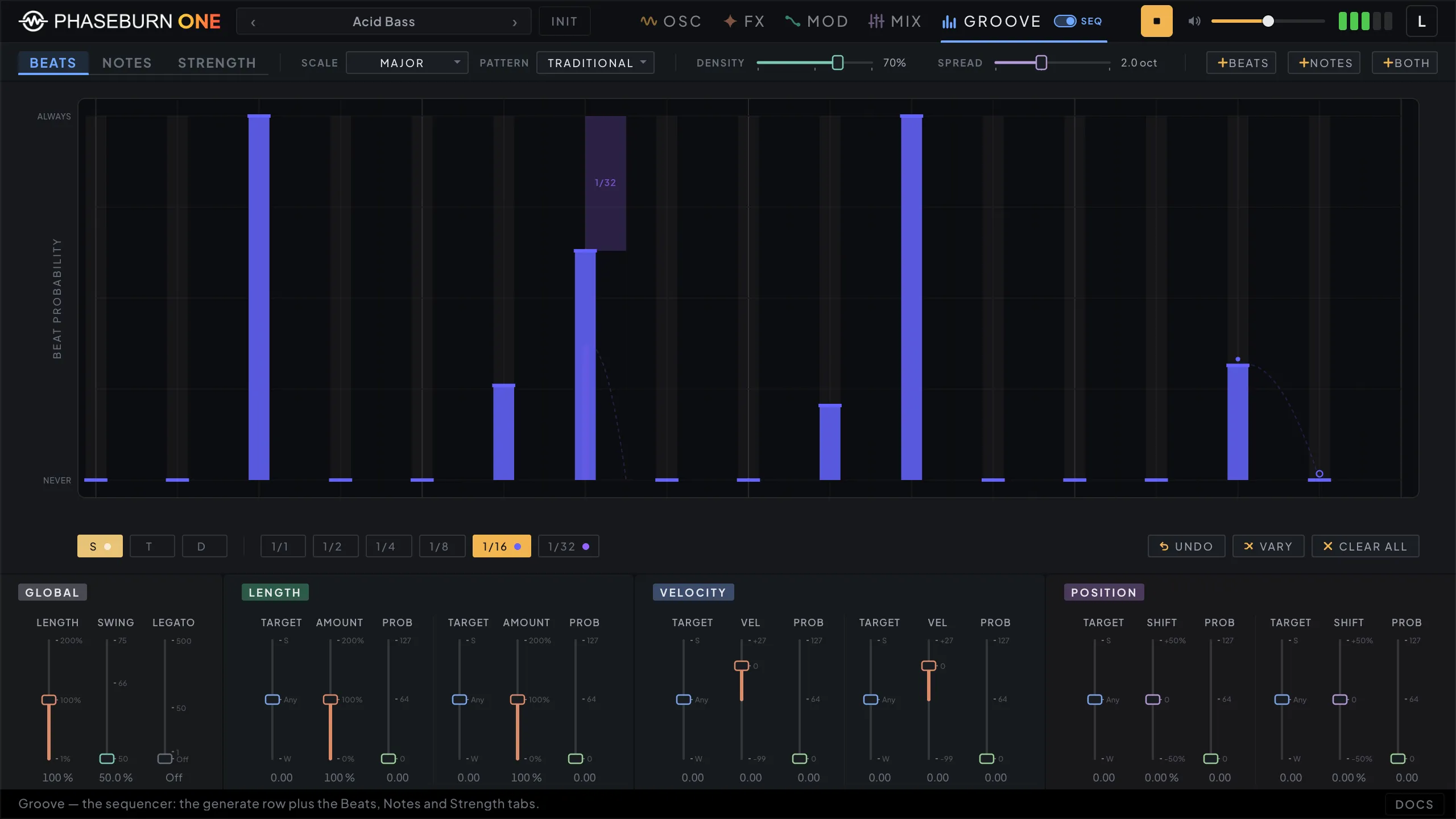 Phaseburn One Groove page, Beats tab: per-slot probability bars with swing, length, velocity and position groove tools