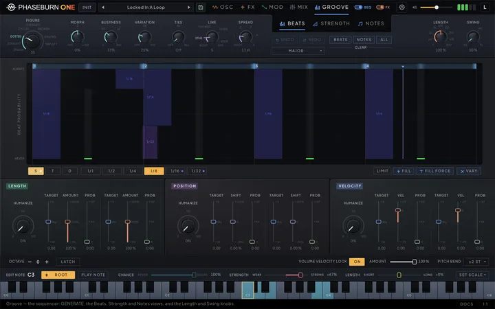 Phaseburn One Groove page, Beats tab: per-slot probability bars with swing, length, velocity and position groove tools