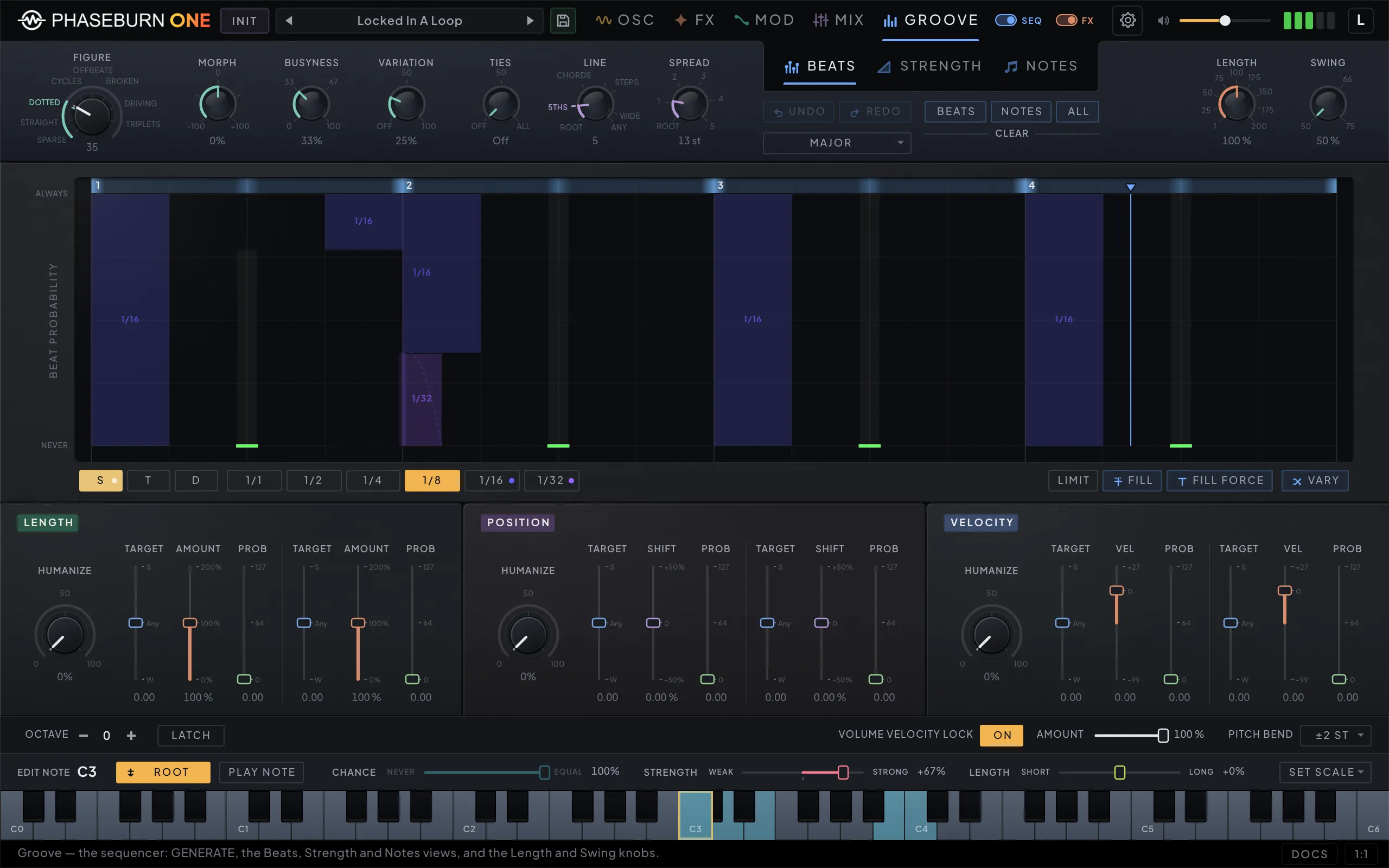 Phaseburn One Groove page, Beats tab: per-slot probability bars with swing, length, velocity and position groove tools