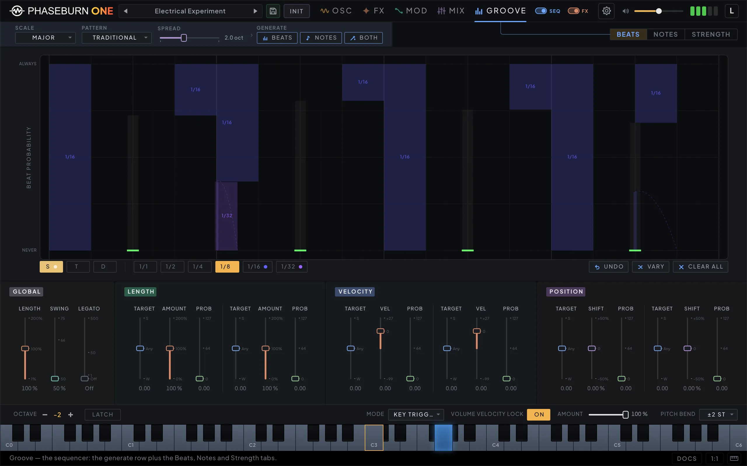 Phaseburn One Groove page, Beats tab: per-slot probability bars with swing, length, velocity and position groove tools