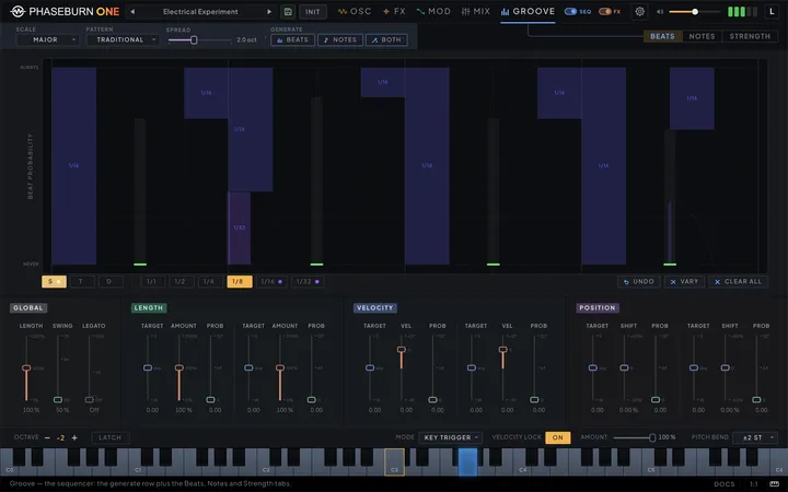 Phaseburn One Groove page, Beats tab: per-slot probability bars with swing, length, velocity and position groove tools