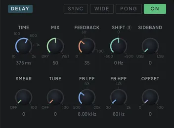 The Delay module on the FX tab with its controls