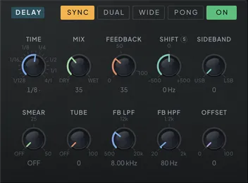 The Delay module on the FX tab with its controls