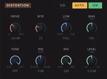 The Distortion module on the FX tab with its controls