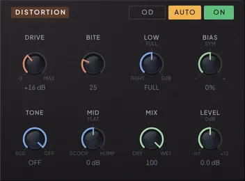 The Distortion module on the FX tab with its controls