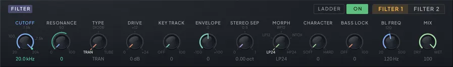 The Filter module on the FX tab with its controls