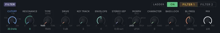 The FILTER module: one row of controls from CUTOFF to MIX, and at the top right the LADDER/SVF topology switch, the power button and the FILTER 1 / FILTER 2 tabs with FILTER 1 selected