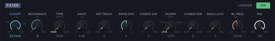 The Filter module on the FX tab with its controls