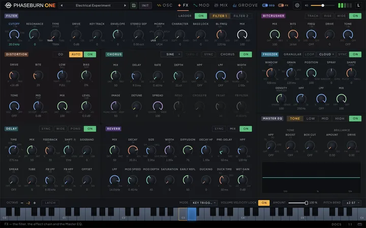 Phaseburn One FX page: filter, chorus, delay, reverb, distortion, bitcrusher and granular freezer sections