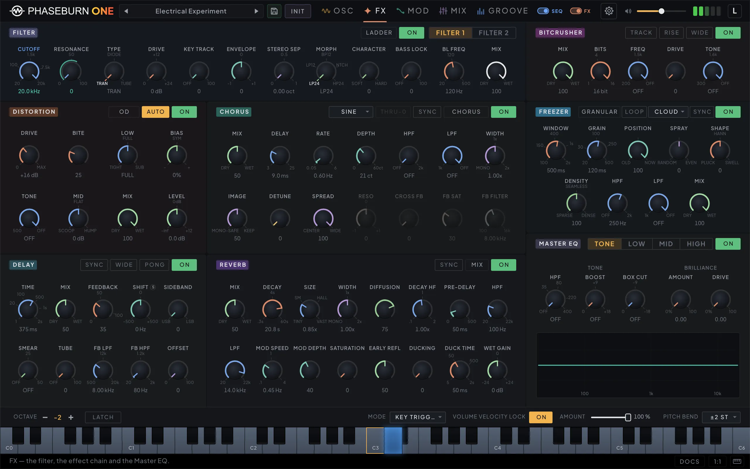 Phaseburn One FX page: a two-filter section on its FILTER 1 tab, distortion, chorus, delay, reverb, bitcrusher and freezer, and a Master EQ with TONE, LOW, MID and HIGH tabs