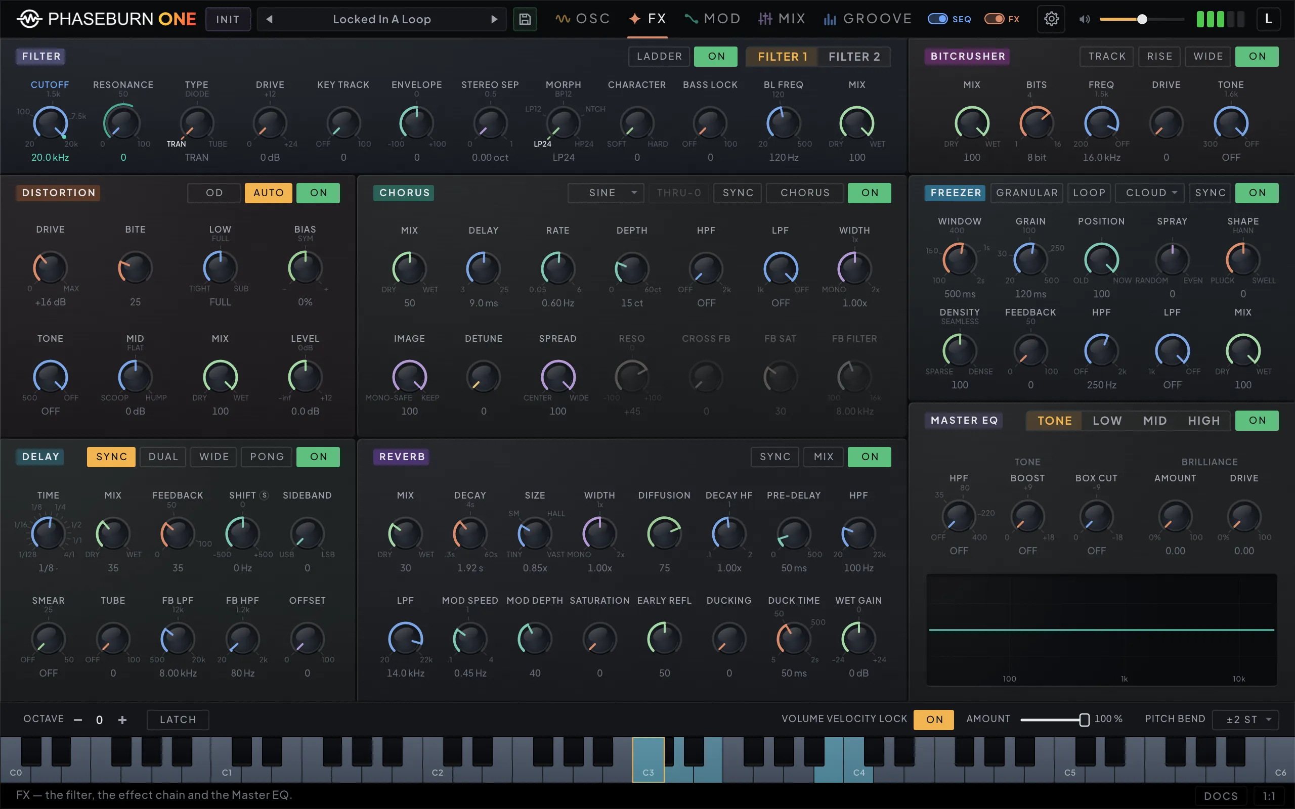 Phaseburn One FX page: a two-filter section on its FILTER 1 tab, distortion, chorus, delay, reverb, bitcrusher and freezer, and a Master EQ with TONE, LOW, MID and HIGH tabs