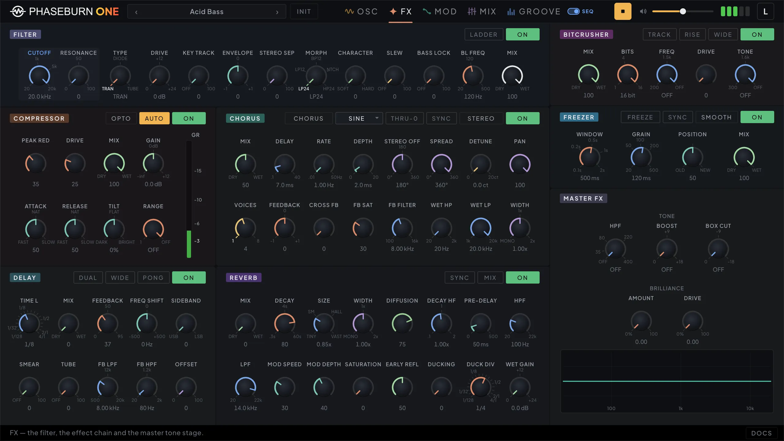 Phaseburn One FX page: filter, chorus, delay, reverb, distortion, bitcrusher and granular freezer sections