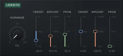 The LENGTH module with one modifier aimed toward weak beats: Target −60, Amount 70 %, Prob 51 of 127