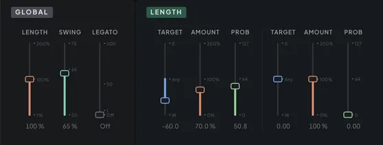 The GLOBAL and LENGTH modules under the Beats grid with swing raised and one length modifier aimed at weak beats