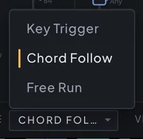 The MIDI Mode menu in the keyboard strip open on its three entries: Key Trigger, Chord Follow and Free Run