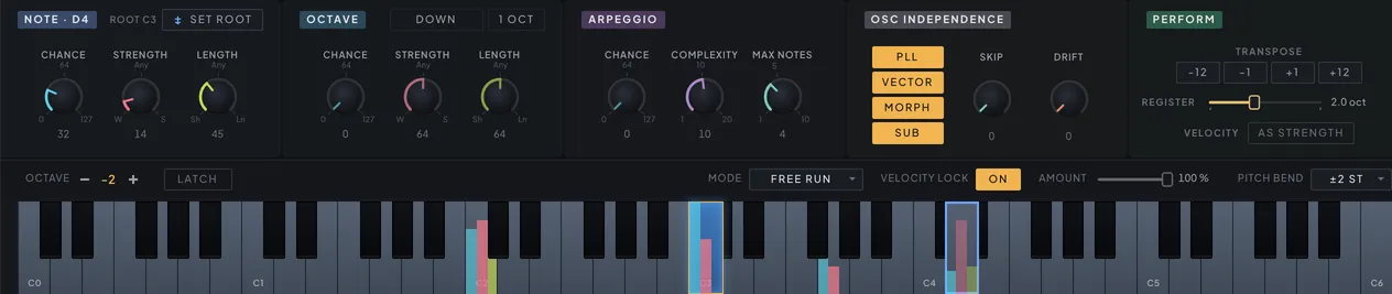 The Notes tab with four pool notes lit and the NOTE module showing Chance, Strength and Length for the ninth