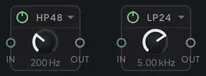 The two HP/LP boxes in the patchbay, powered up: the mode title with its caret above one frequency knob, an IN jack on the left edge and an OUT jack on the right