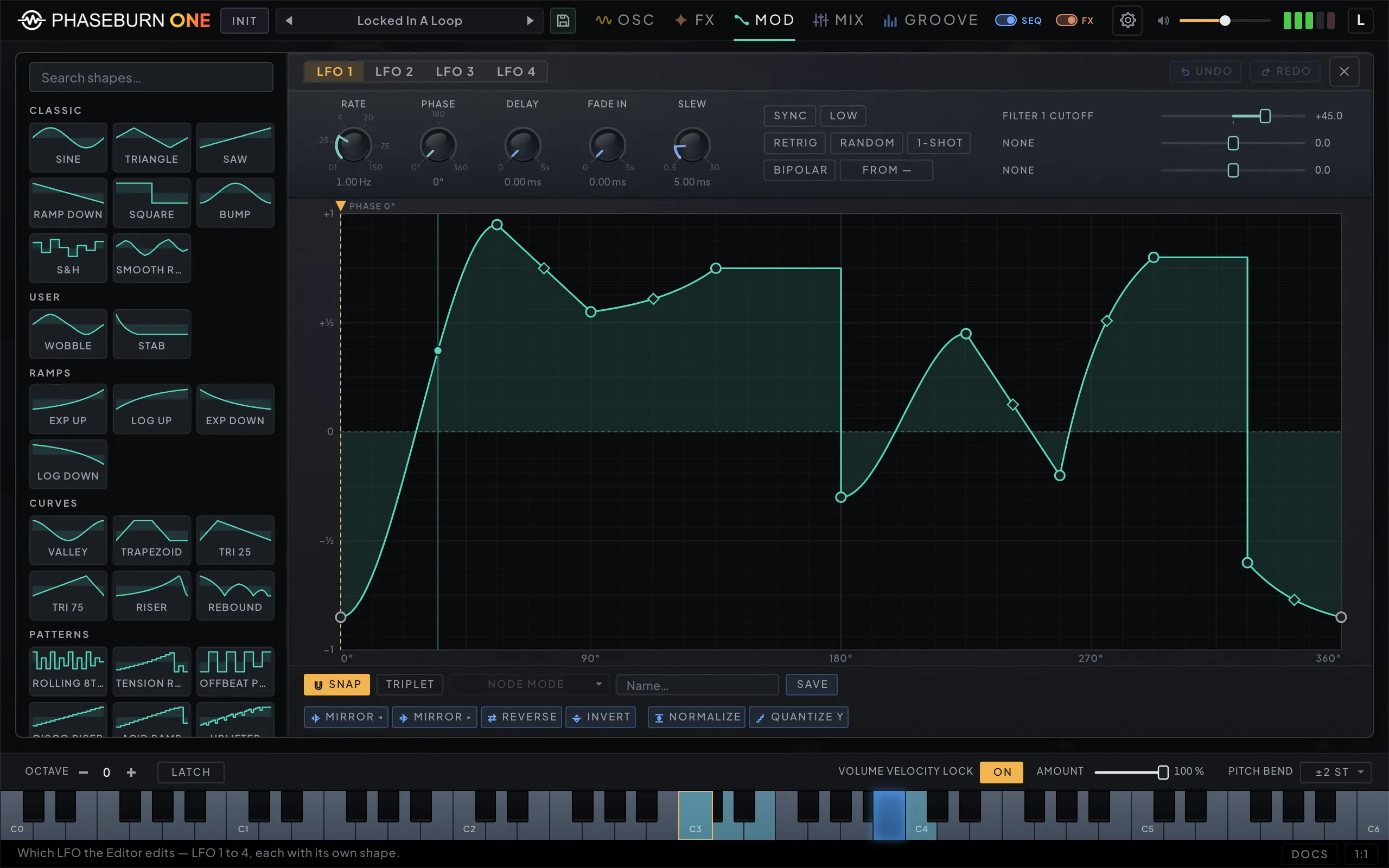 Phaseburn One LFO Editor: a searchable shape catalog on the left, the LFO rate, phase and destination strip along the top, and a full-width breakpoint editor holding a drawn curve with smooth, stepped and bent segments over a 32-column grid