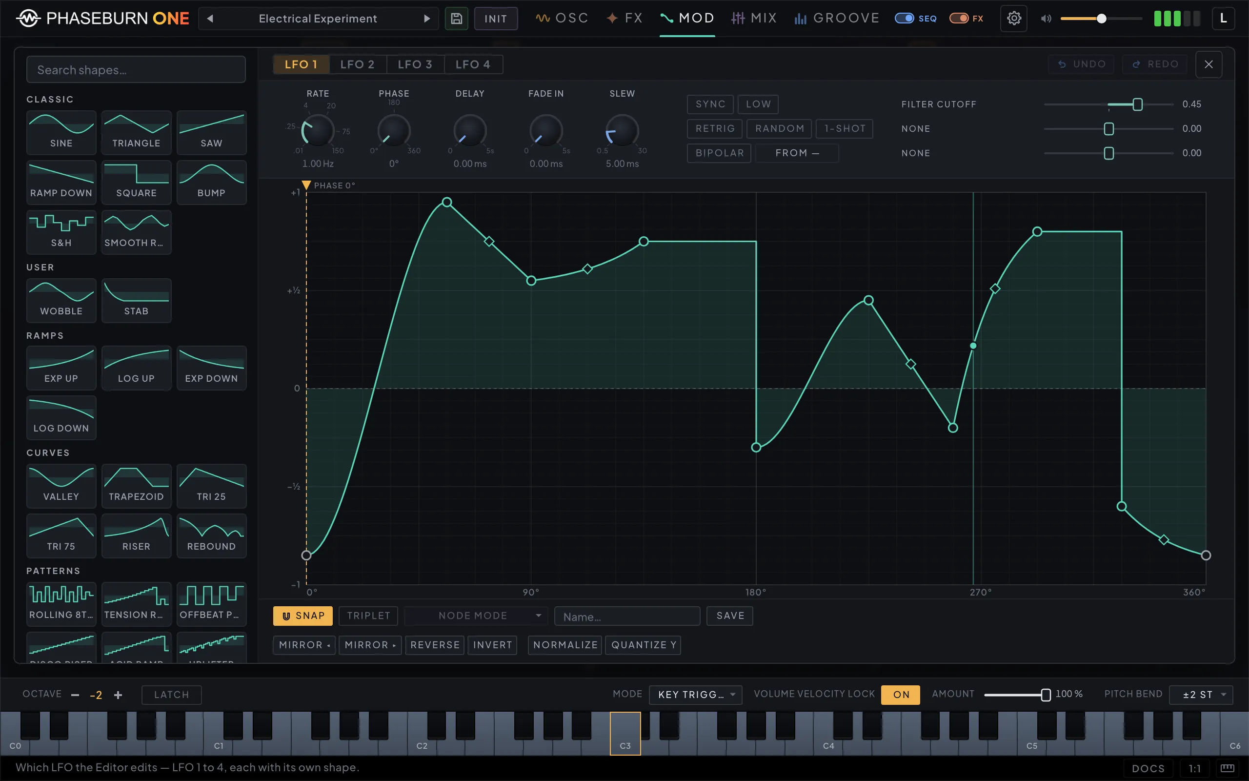 Phaseburn One LFO Editor: a searchable shape catalog on the left, the LFO rate, phase and destination strip along the top, and a full-width breakpoint editor holding a drawn curve with smooth, stepped and bent segments over a 32-column grid