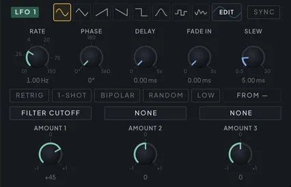 LFO 1: shape, rate and phase controls above its routing slots