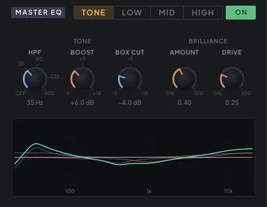 The MASTER EQ column: TONE and BRILLIANCE controls above the master EQ curve