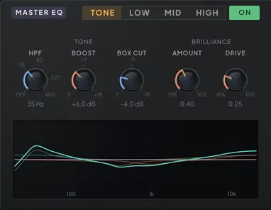 The MASTER EQ panel on its TONE tab: high-pass with boost, box cut and the brilliance shelf