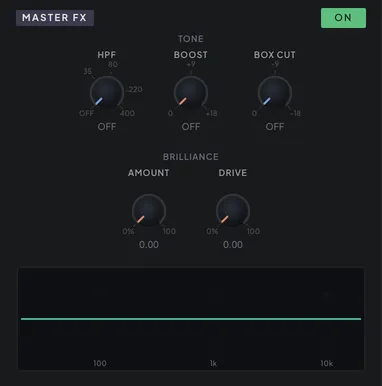 The MASTER FX panel: high-pass with boost, box cut and the brilliance shelf
