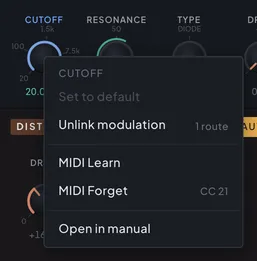The right-click menu on any control: MIDI Learn, MIDI Forget, and 'Open in manual'