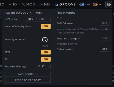 The header cog menu open: two columns — what new instances start with on the left, this machine's own settings on the right