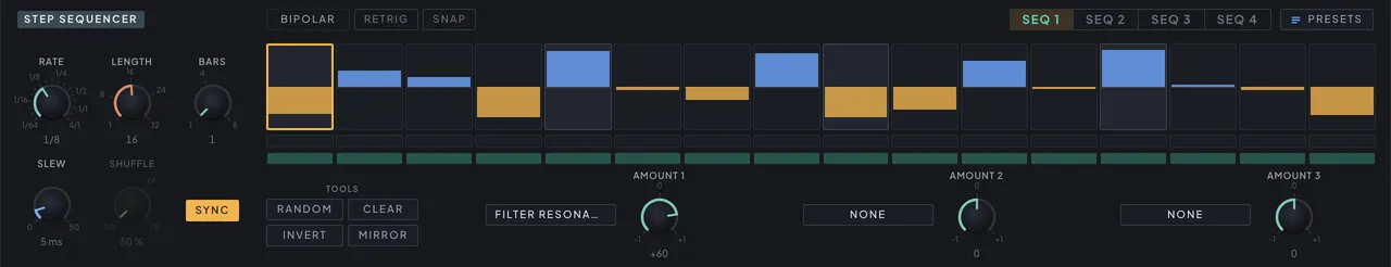 The STEP SEQUENCER panel on its SEQ 1 tab