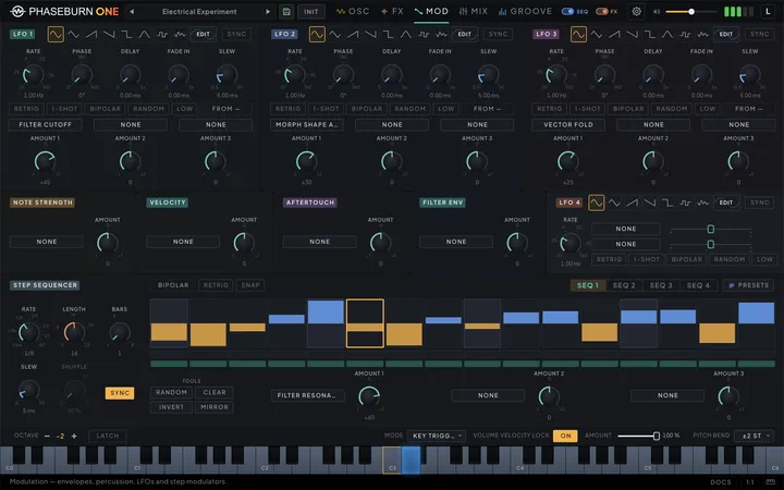 Phaseburn One modulation page: four routable LFOs, note strength, velocity and aftertouch modules, and one of the four bipolar step sequencers on its SEQ 1–4 tabs