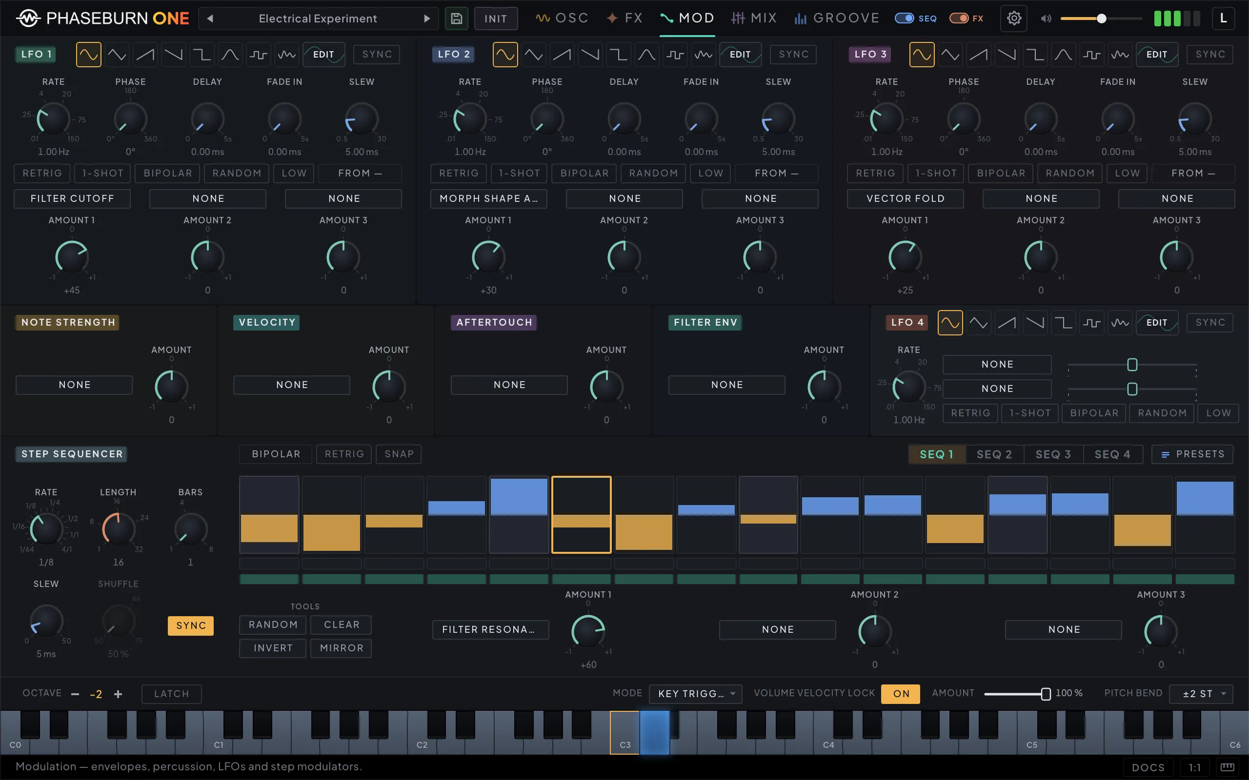 Phaseburn One modulation page: LFO 1 to 3 with their waveform pickers and EDIT chips, note strength, velocity, aftertouch and filter-envelope modulators, the compact LFO 4, and one of the four bipolar step modulators