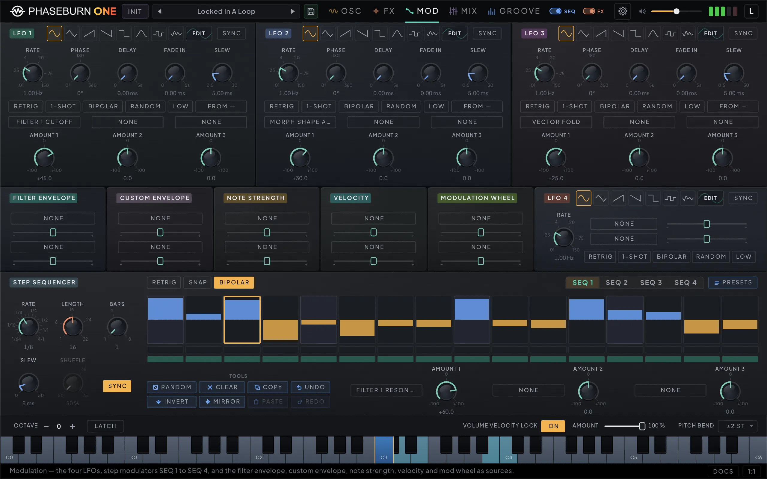 Phaseburn One modulation page: LFO 1 to 3 with their waveform pickers and EDIT chips, filter-envelope, custom-envelope, note-strength, velocity and mod-wheel modulators, the compact LFO 4, and one of the four bipolar step modulators