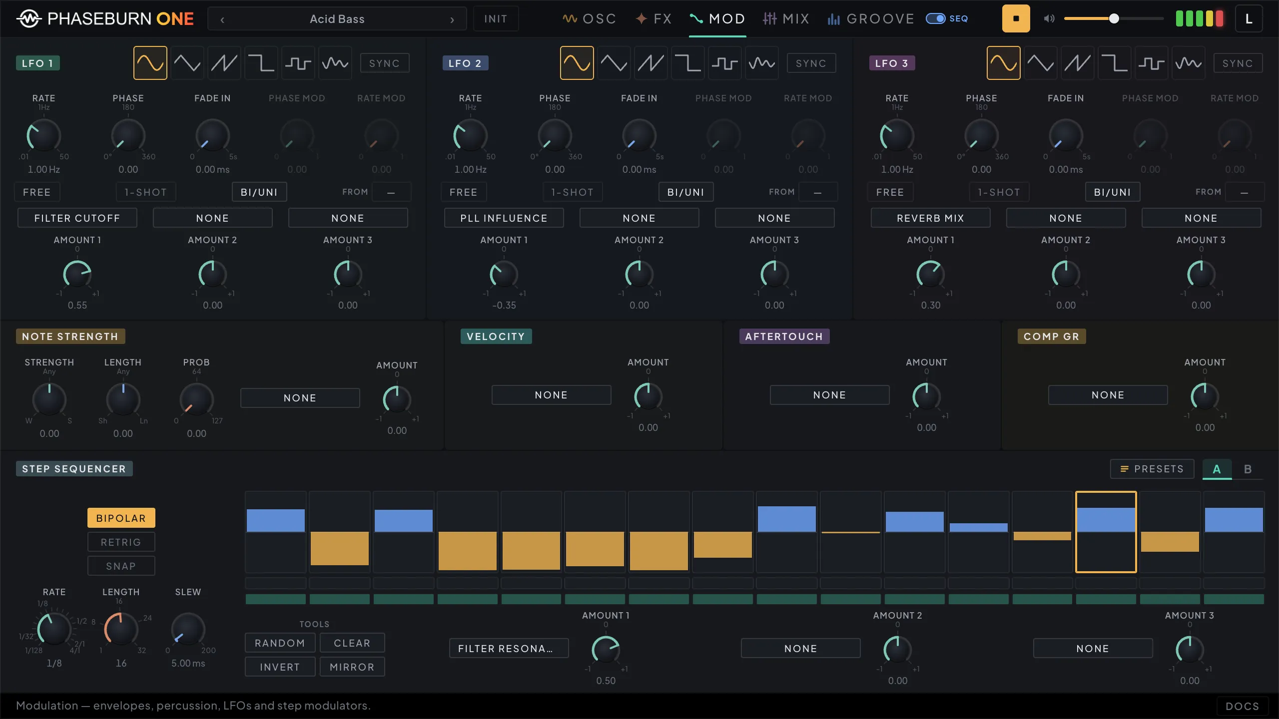 Phaseburn One modulation page: three routable LFOs, note strength, velocity and aftertouch modules, and a bipolar step sequencer