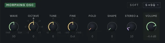 The MORPH oscillator section with its wave, fold and shape controls
