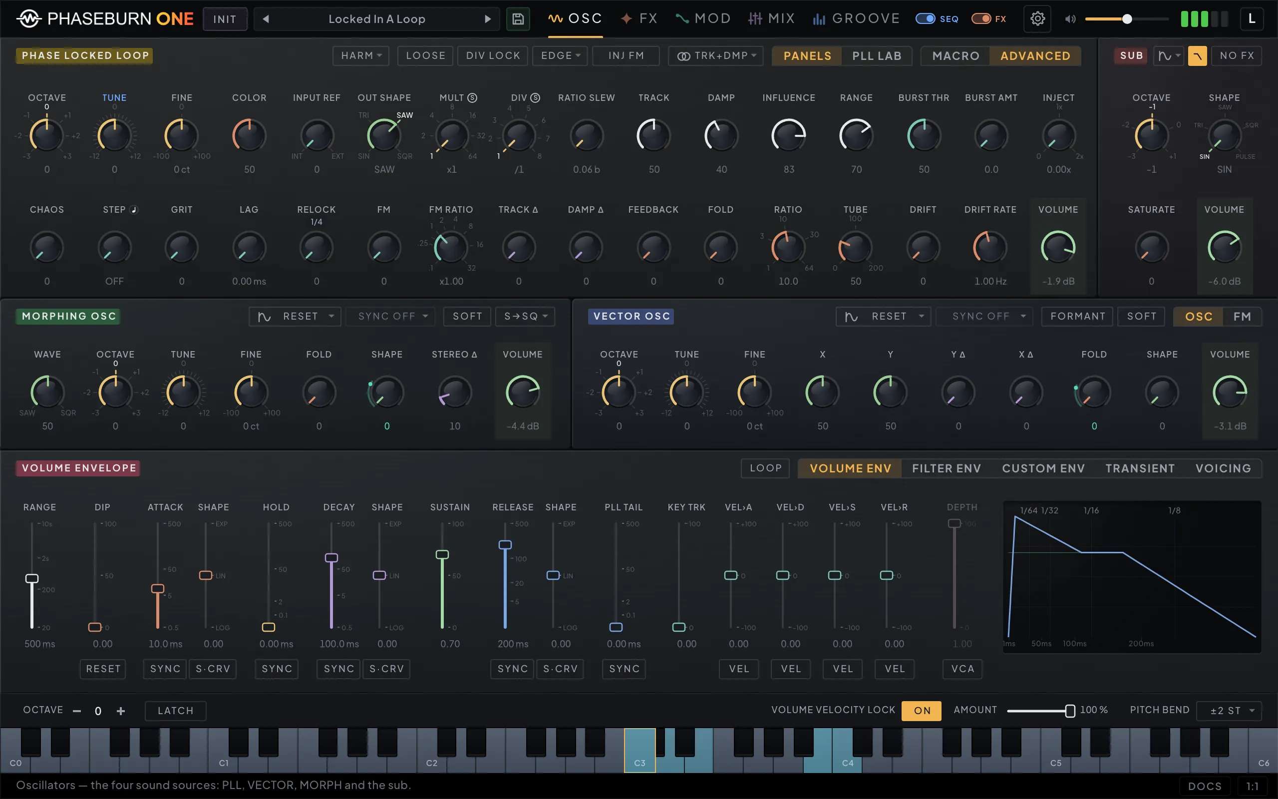 Phaseburn One oscillators page on its ADVANCED lens: the Phase Locked Loop knob field, the sub, the morphing and vector oscillators, and the volume envelope on its own tab
