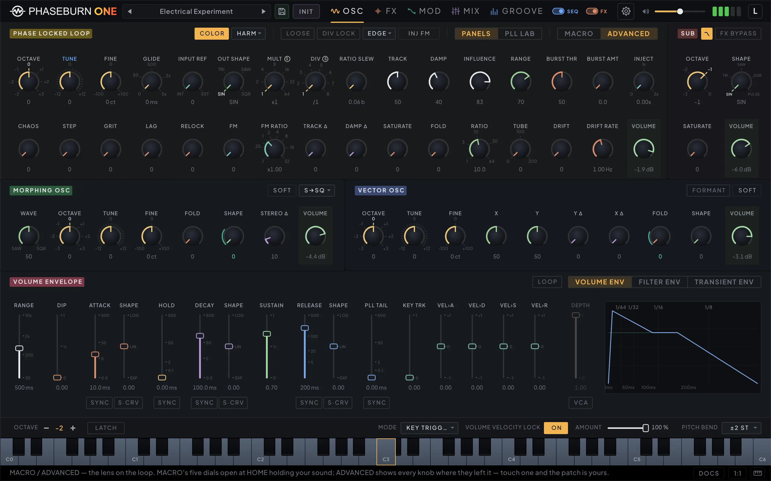 Phaseburn One oscillators page on its ADVANCED lens: the Phase Locked Loop knob field, the sub, the morphing and vector oscillators, and the volume envelope on its own tab