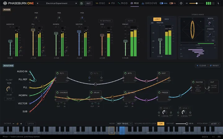 Phaseburn One mixer page: per-module channel faders, a goniometer stereo-image scope, and a routing patchbay where modules are connected by patch cables