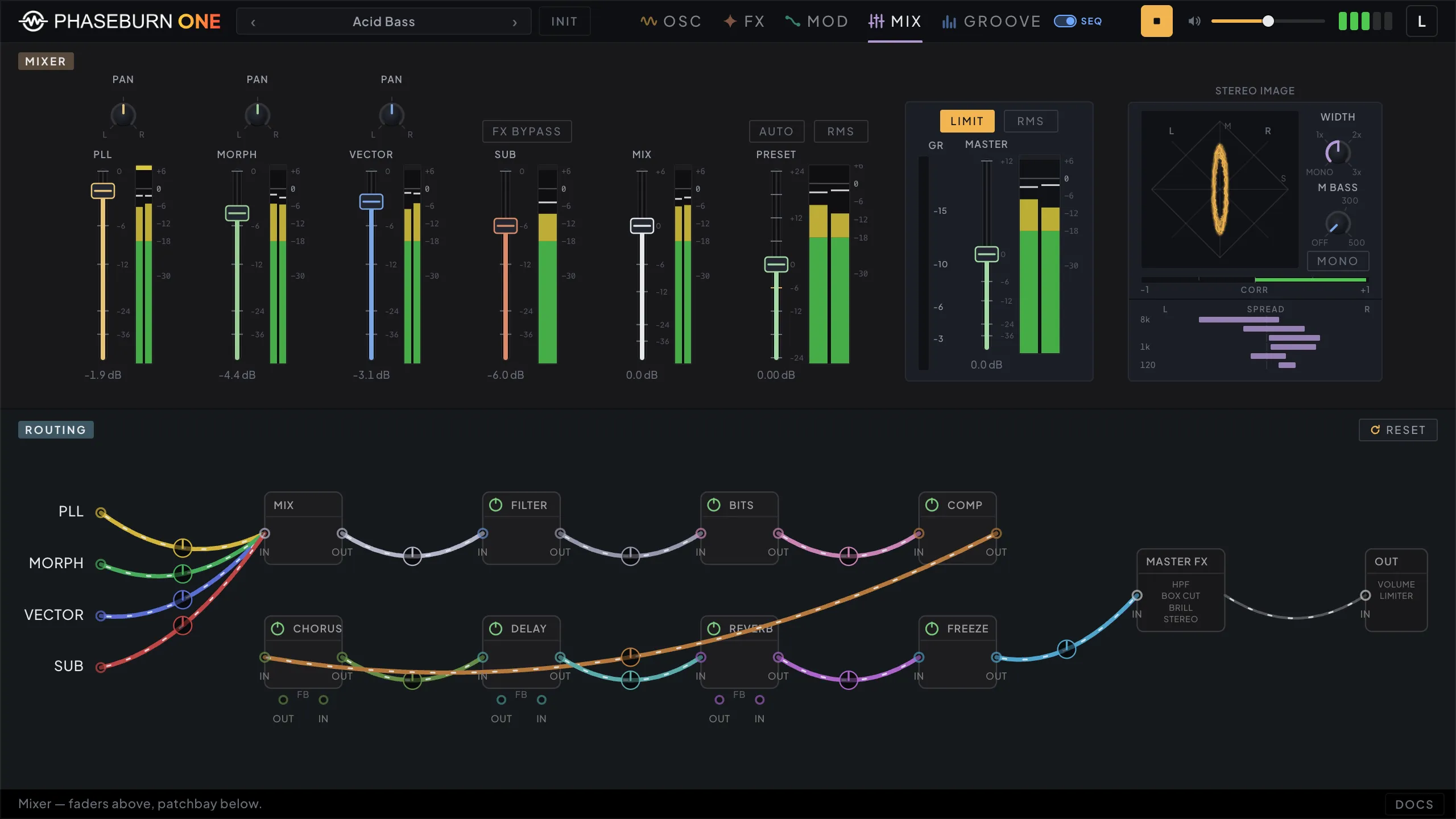 Phaseburn One mixer page: per-module channel faders, a goniometer stereo-image scope, and a routing patchbay where modules are connected by patch cables