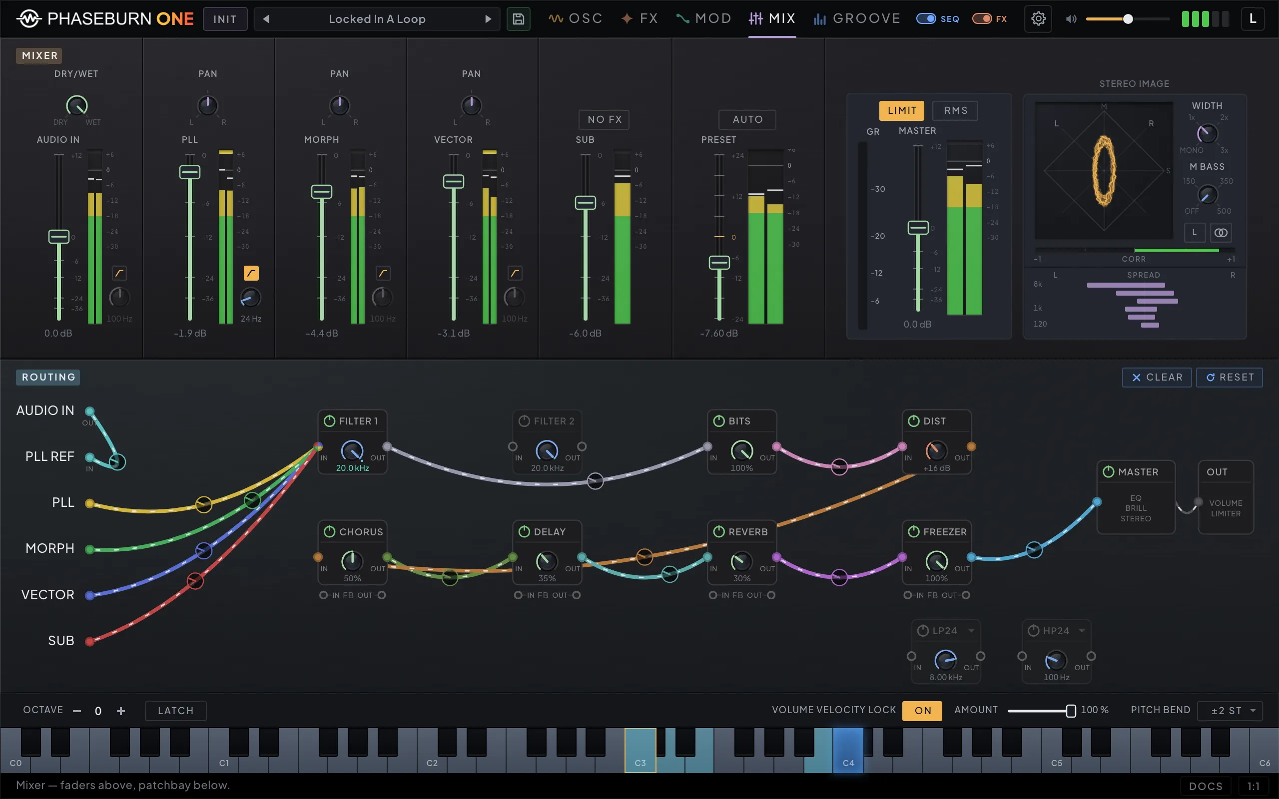 Phaseburn One mixer page: per-module channel faders, a goniometer stereo-image scope, and a routing patchbay where the sound sources, Filter 1, the effects and the master are wired by patch cables, with Filter 2 and two high/low-pass filters standing by