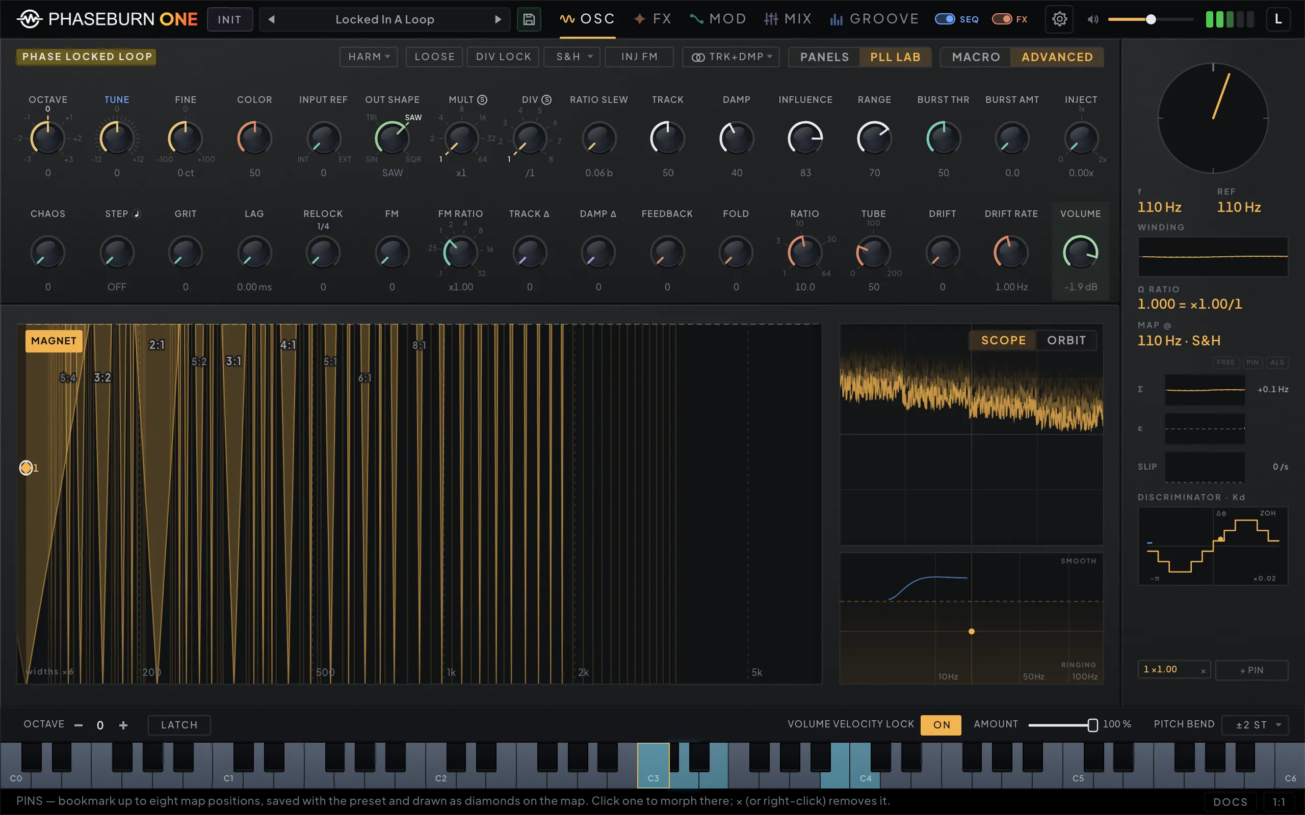 Phaseburn One PLL LAB view: the lock map with its ratio tongues, lock ceiling and a pinned operating point, the scope pane with its ORBIT tab, the loop-response plot, the winding trace and the discriminator plot